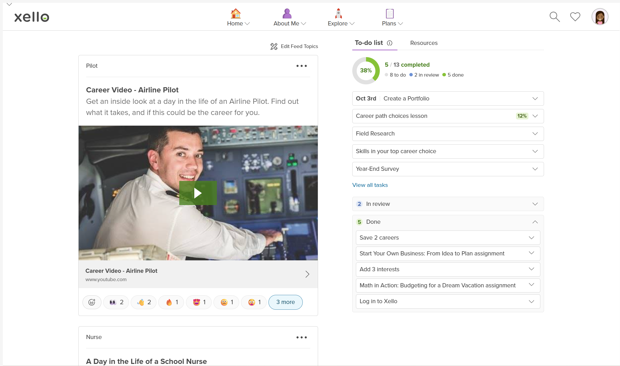 Student dashboard in Xello. The To-Do list is open. The student has completed several tasks and has a couple in review